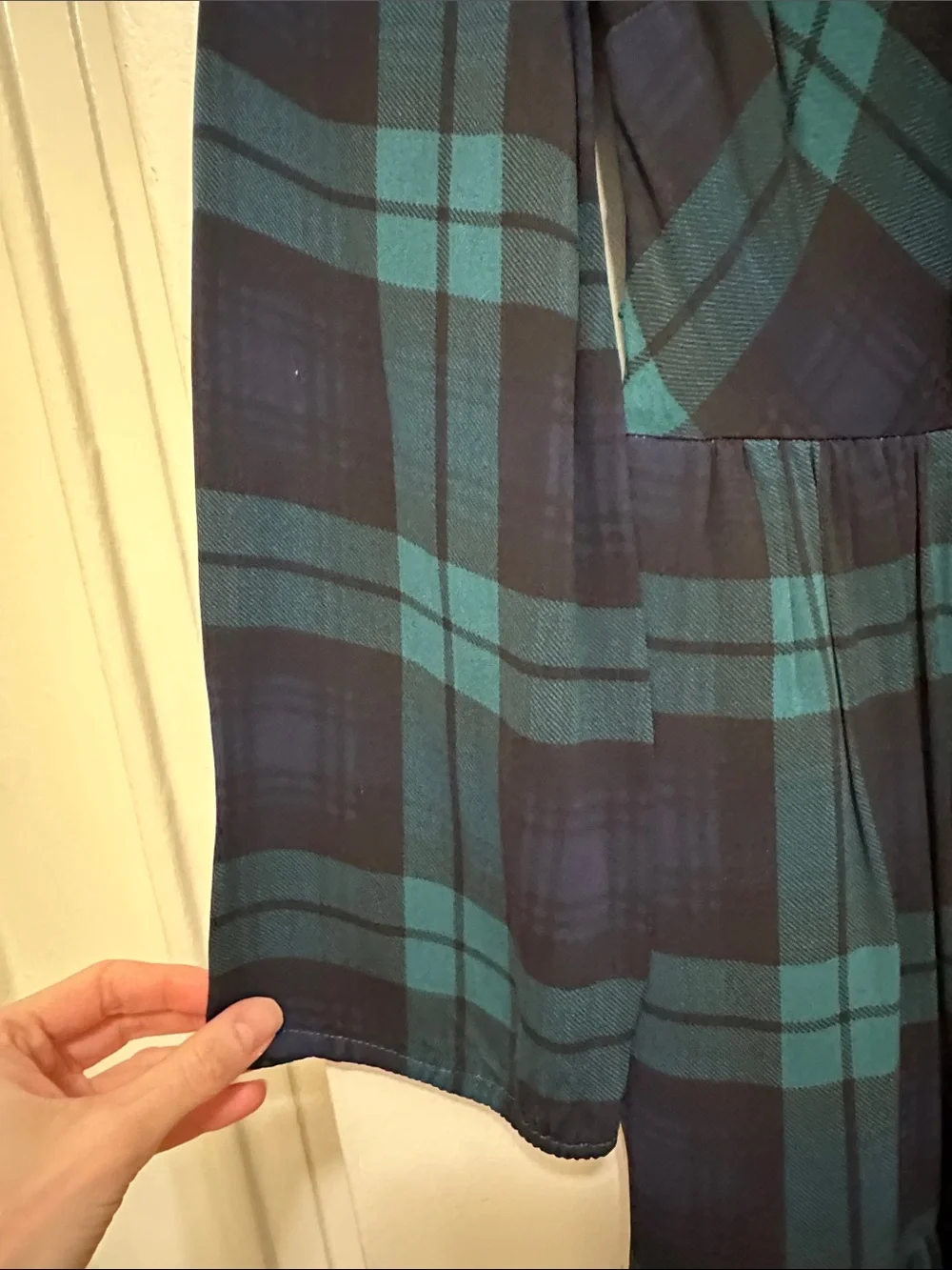 J. Crew Teal and Navy Plaid V-Neck Long Sleeve Tiered Dress